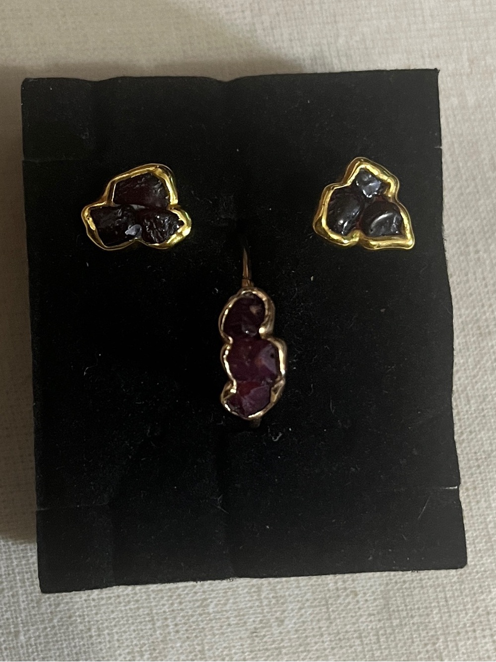 Ringcrush 24K Gold Filled Garnet Ring and Flower Stud Earrings Set